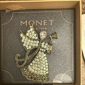 Monet Crystal Angel Brooch in Silver and Gold